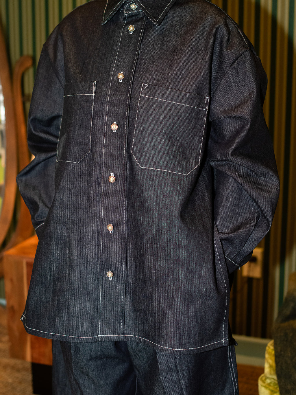 LONG SLEEVE BUTTON DOWN - RAW JAPANESE DENIM– STREET GRANDMA