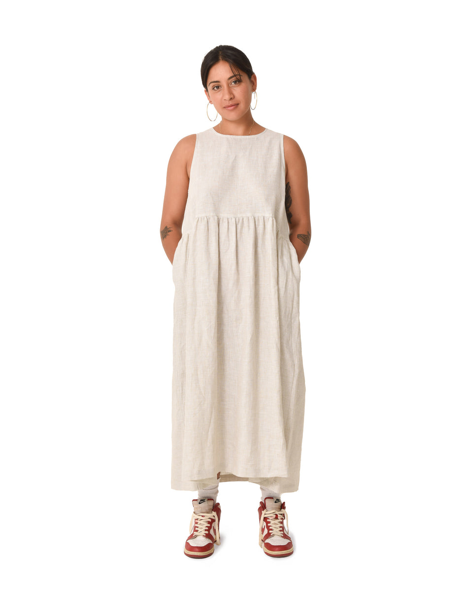 BEIGE GINGHAM SLEEVELESS DRESS