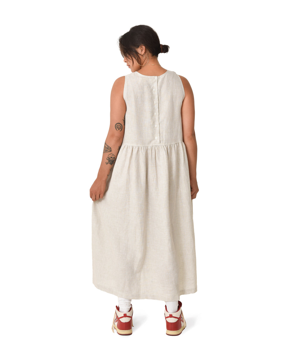 BEIGE GINGHAM SLEEVELESS DRESS