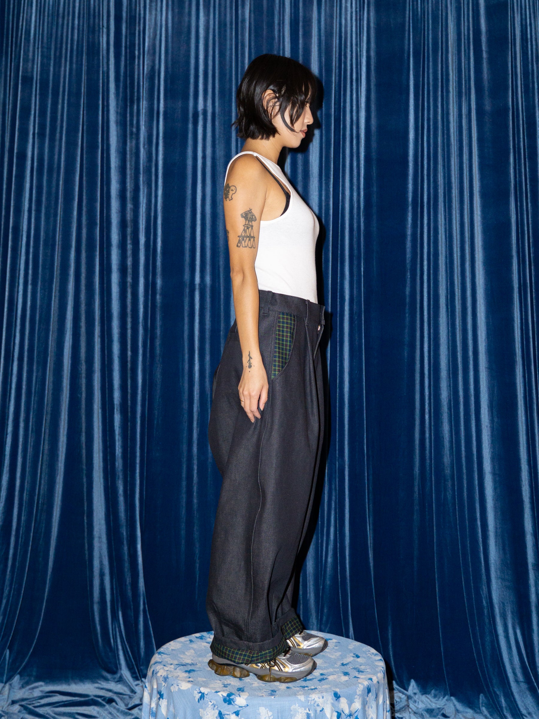 SUPER WIDE PANTS IN DARK DENIM / GREEN PLAID