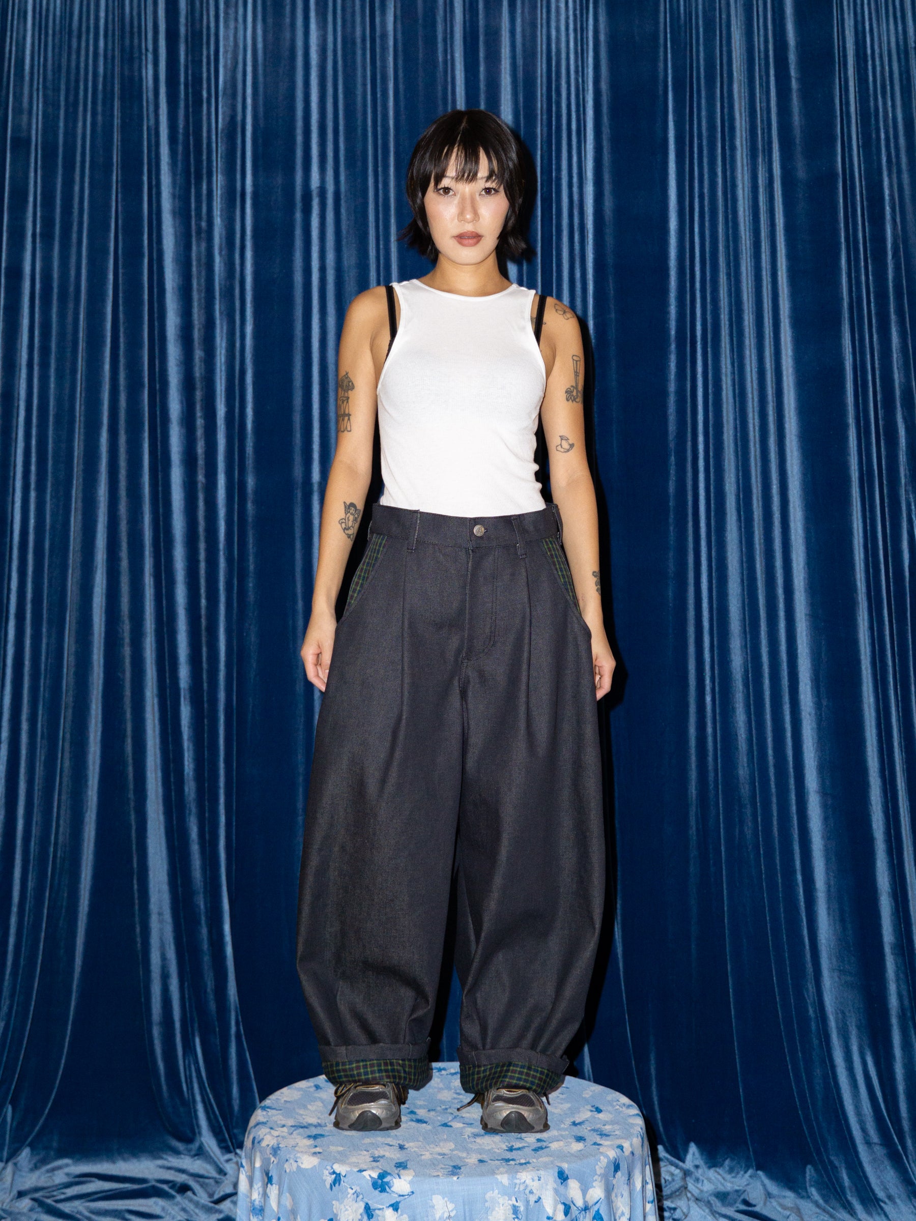 SUPER WIDE PANTS IN DARK DENIM / GREEN PLAID