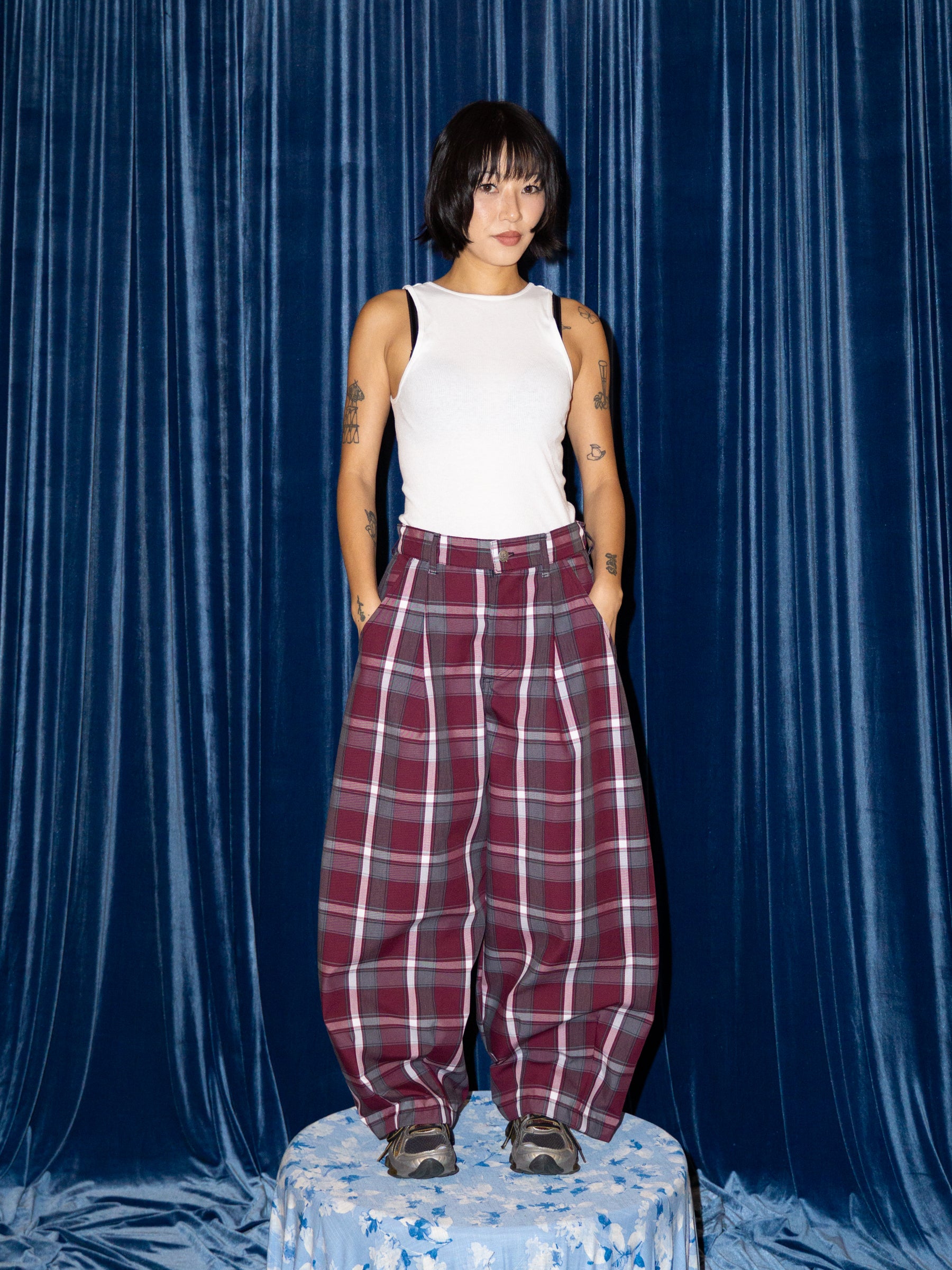 SUPER WIDE PANTS IN MAROON PLAID