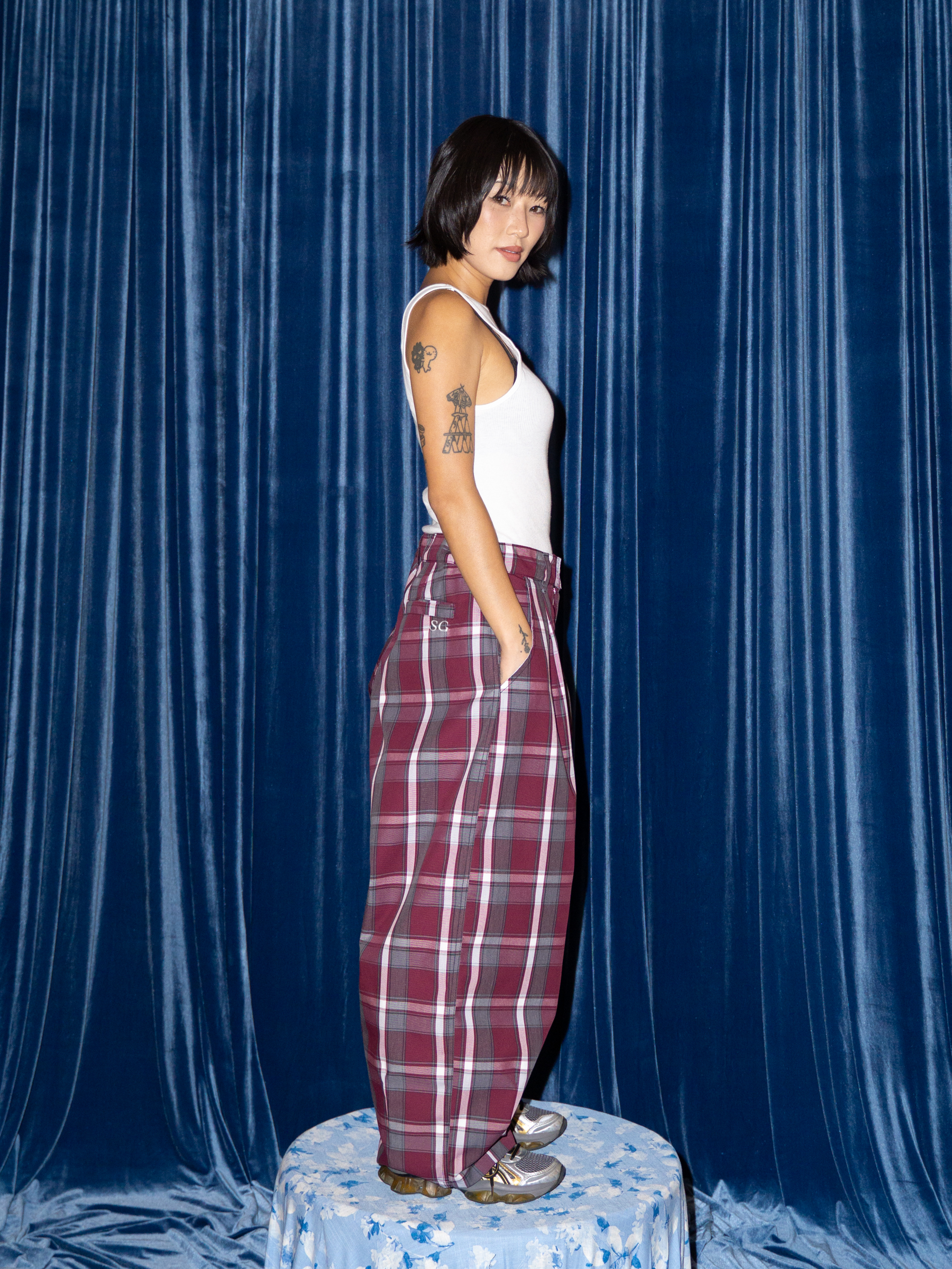 SUPER WIDE PANTS IN MAROON PLAID