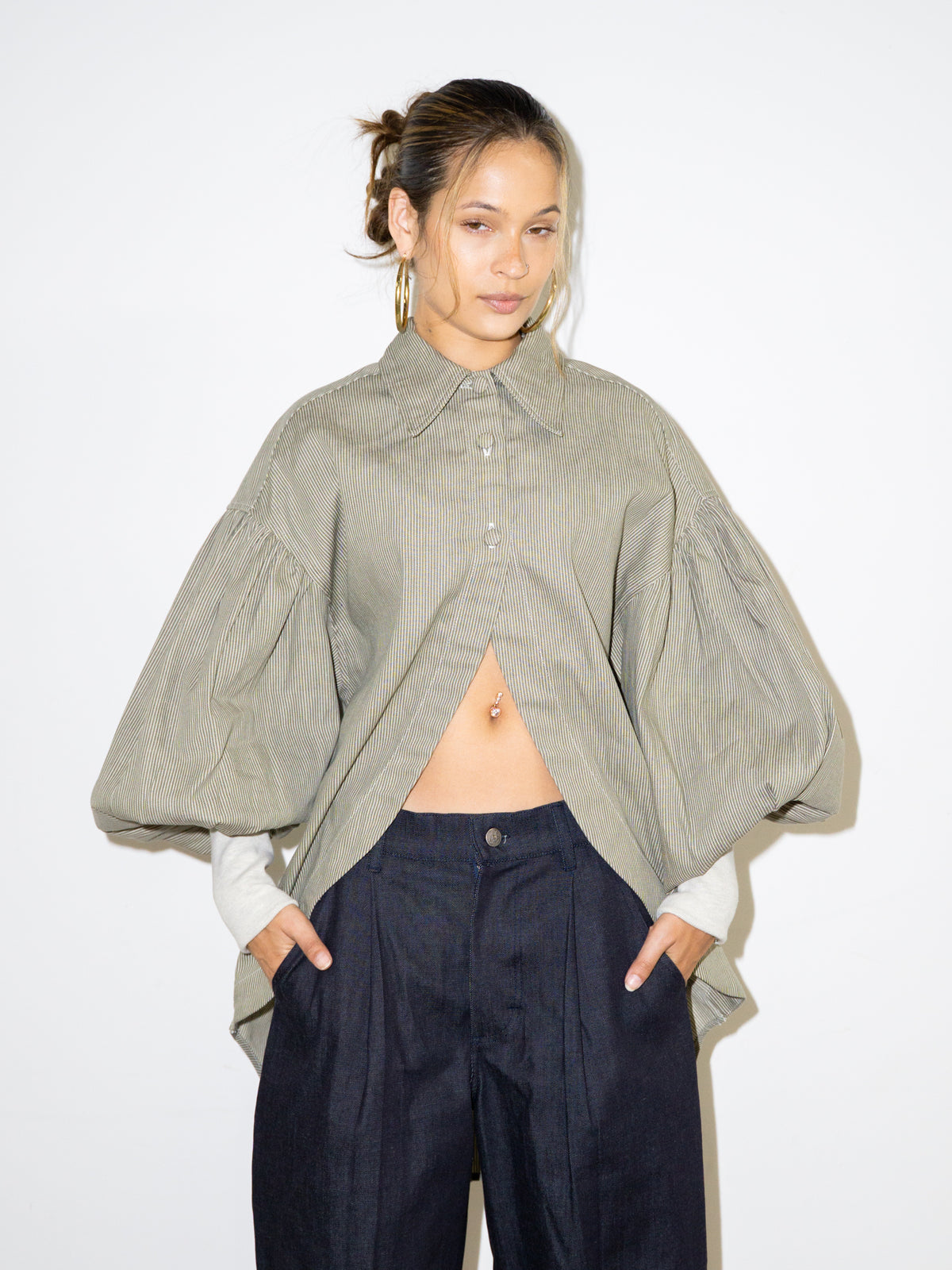 VICTORIAN TOP IN GREEN STRIPE