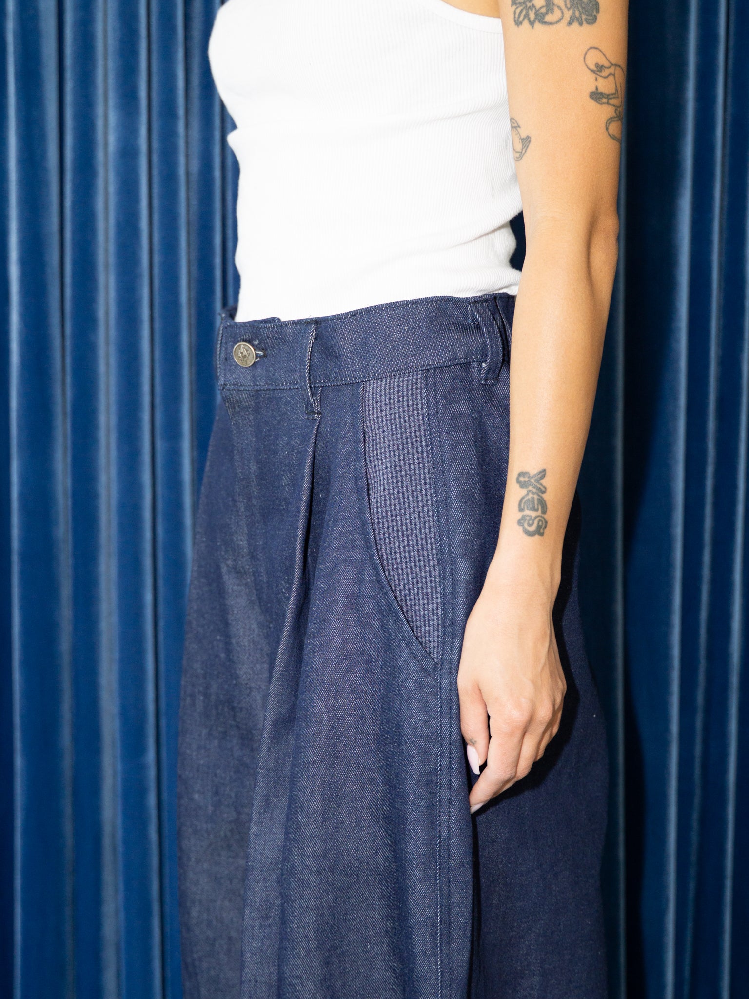 SUPER WIDE PANTS IN BLUE DENIM / BLUE GINGHAM