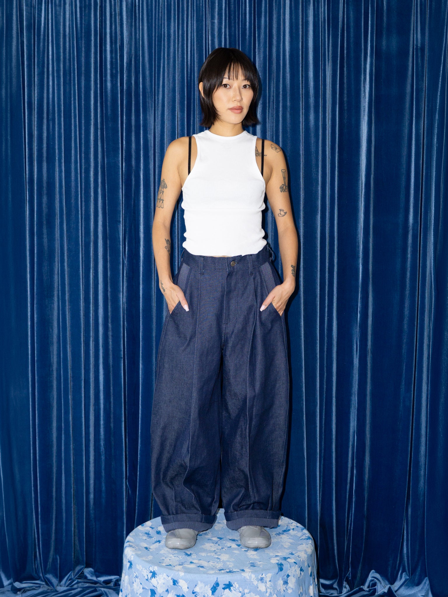 SUPER WIDE PANTS IN BLUE DENIM / BLUE GINGHAM