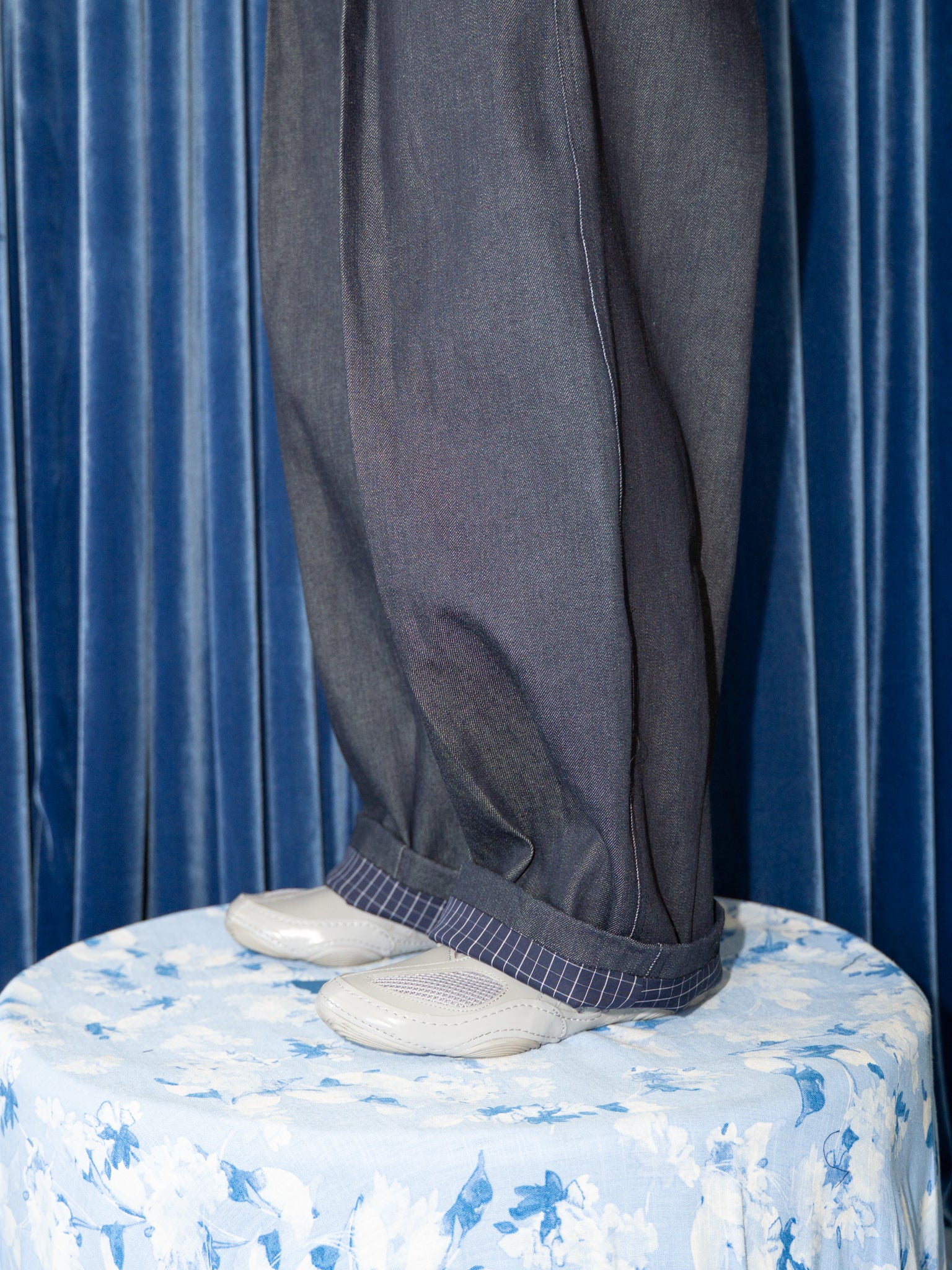 SUPER WIDE PANTS IN DARK DENIM / BLUE GRID