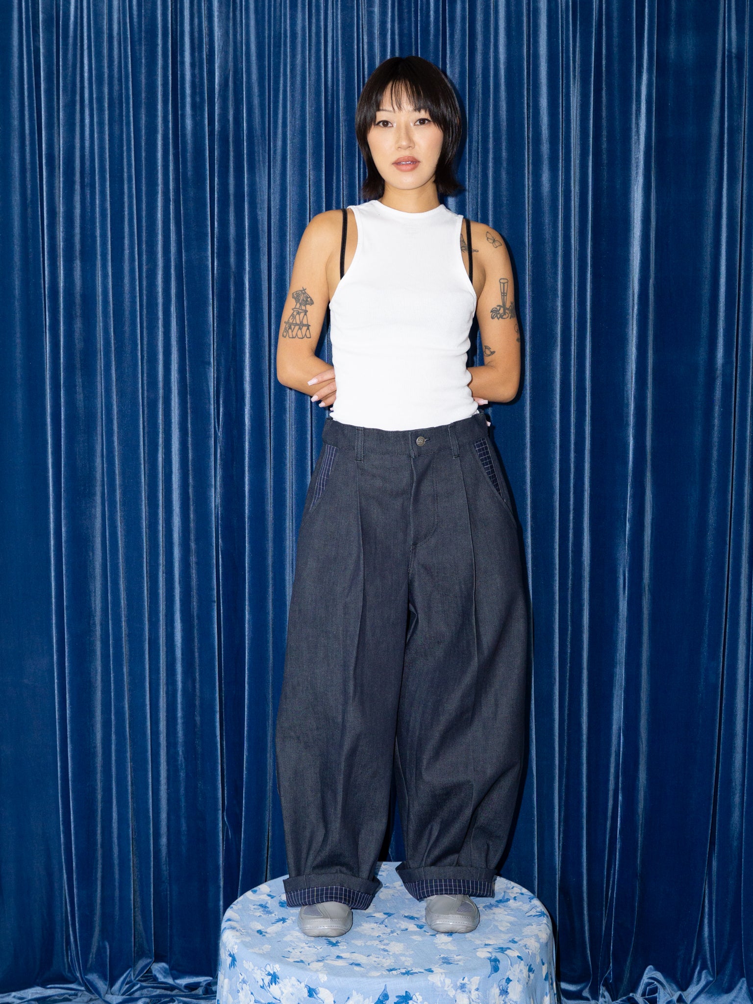 SUPER WIDE PANTS IN DARK DENIM / BLUE GRID
