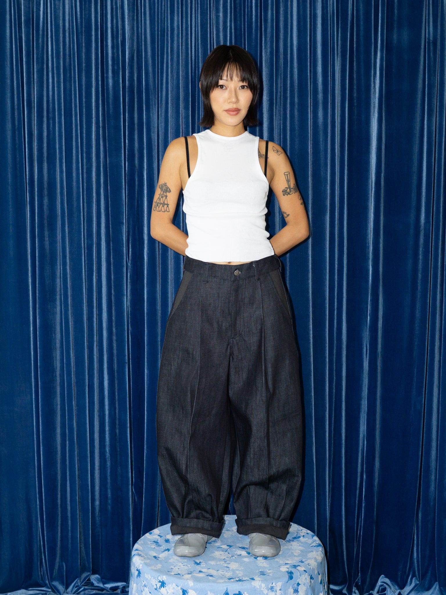 SUPER WIDE PANTS IN DARK DENIM / BROWN HOUNDSTOOTH