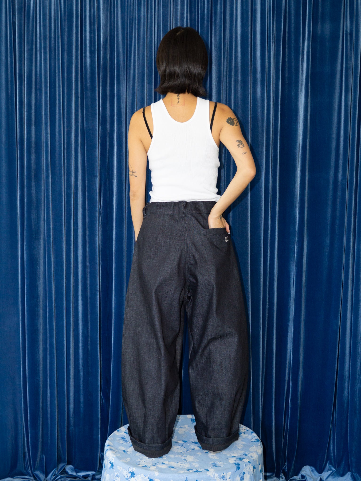 SUPER WIDE PANTS IN DARK DENIM / BROWN HOUNDSTOOTH