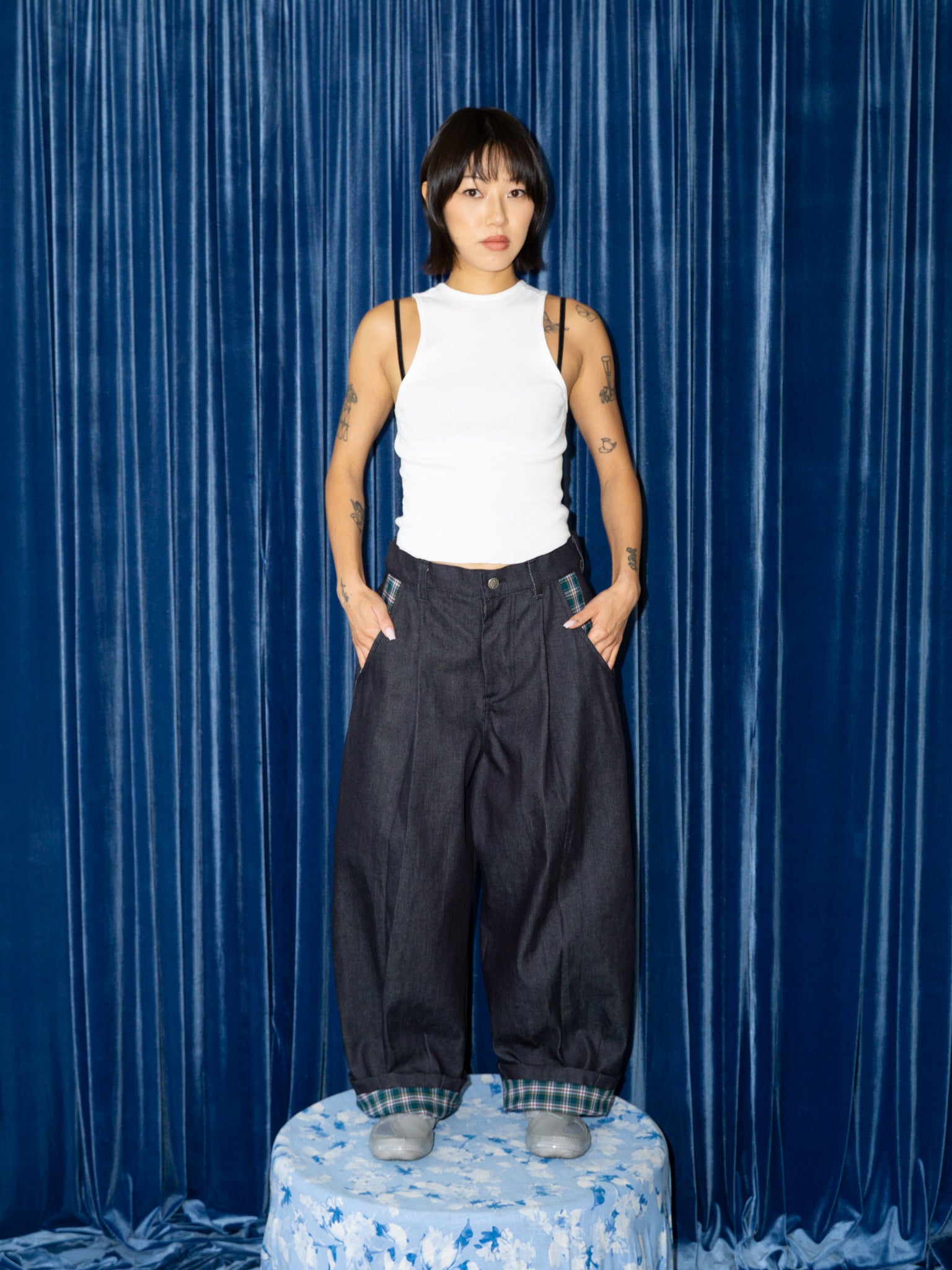 SUPER WIDE PANTS IN DARK DENIM / GREEN PLAID