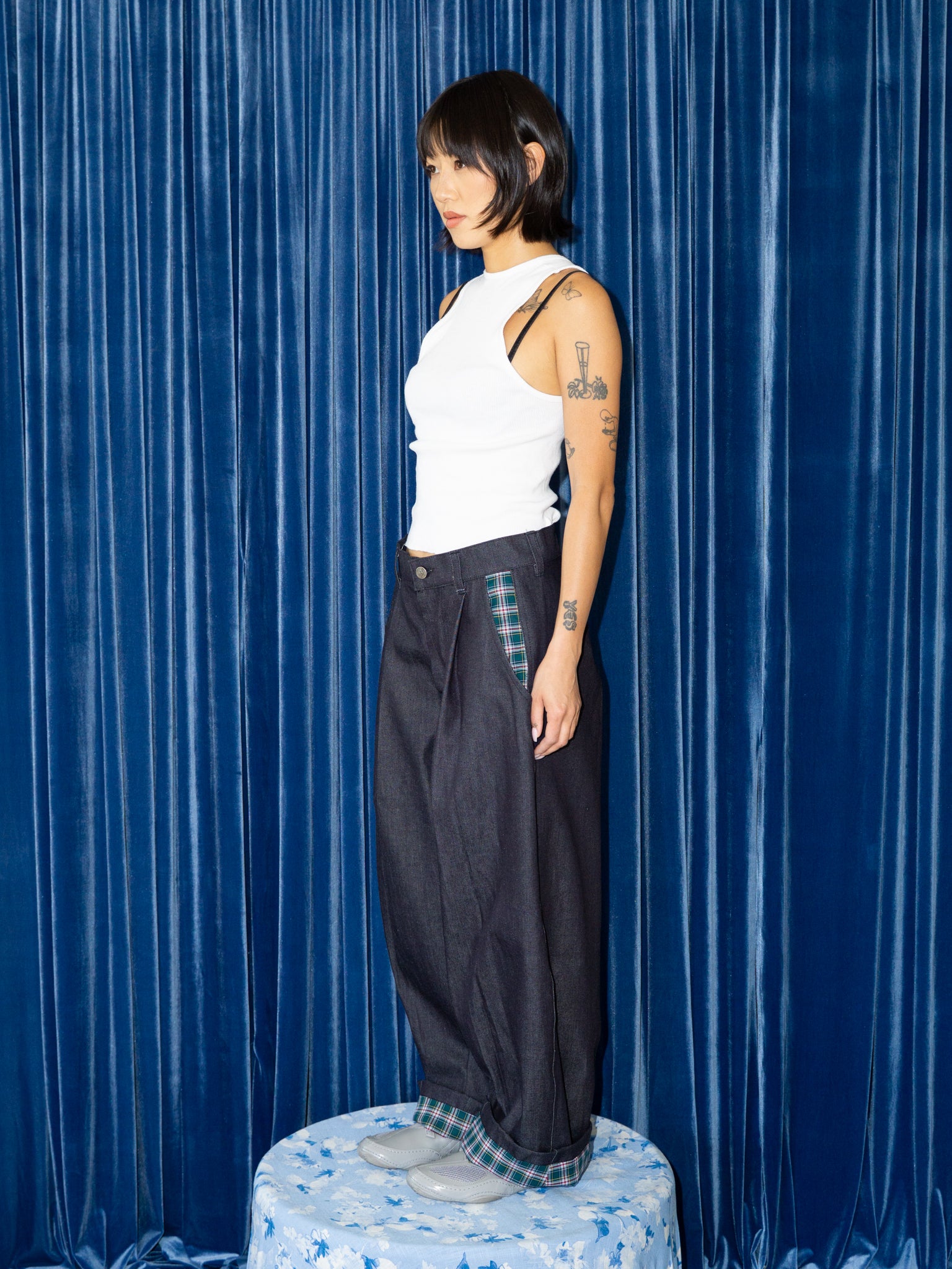 SUPER WIDE PANTS IN DARK DENIM / GREEN PLAID