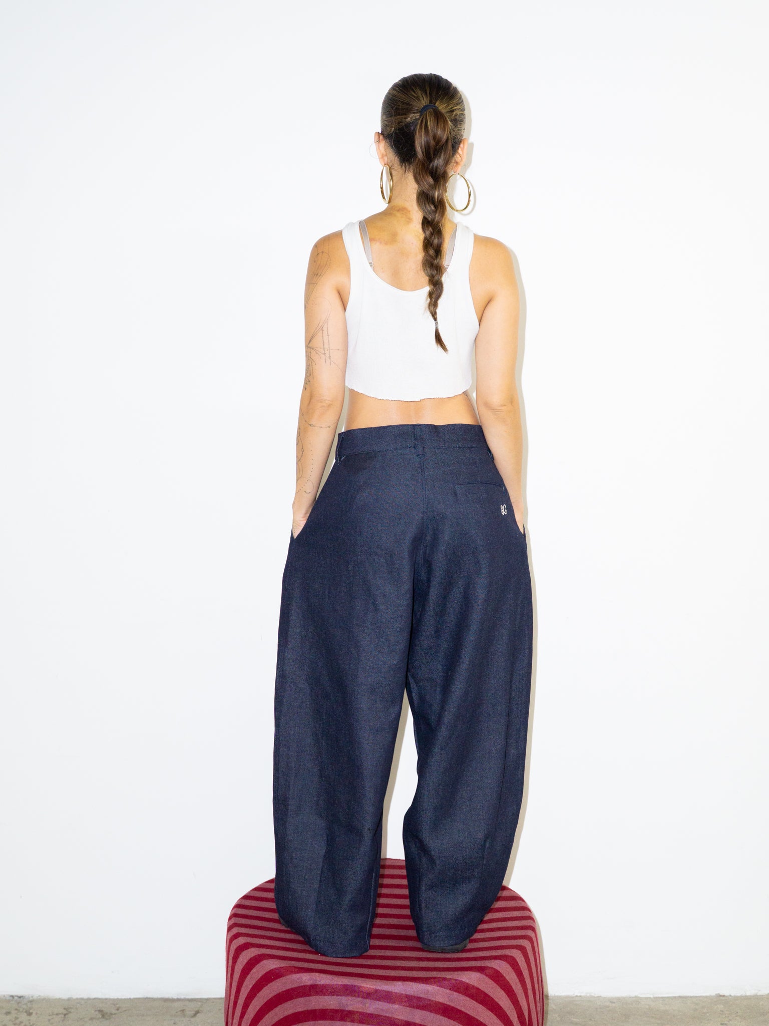 SUPER WIDE PANTS IN DARK DENIM / PURPLE PLAID