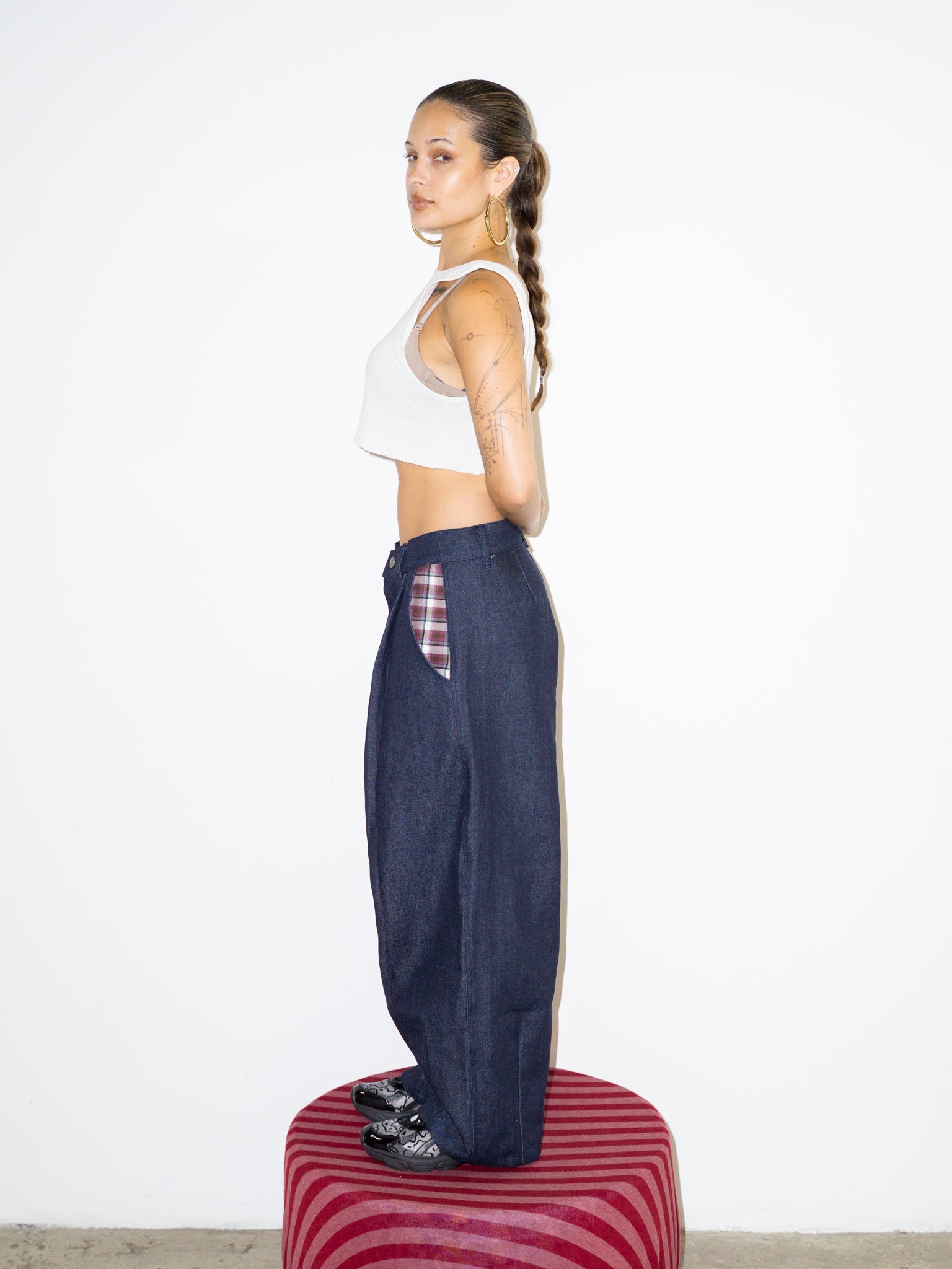 SUPER WIDE PANTS IN DARK DENIM / PURPLE PLAID