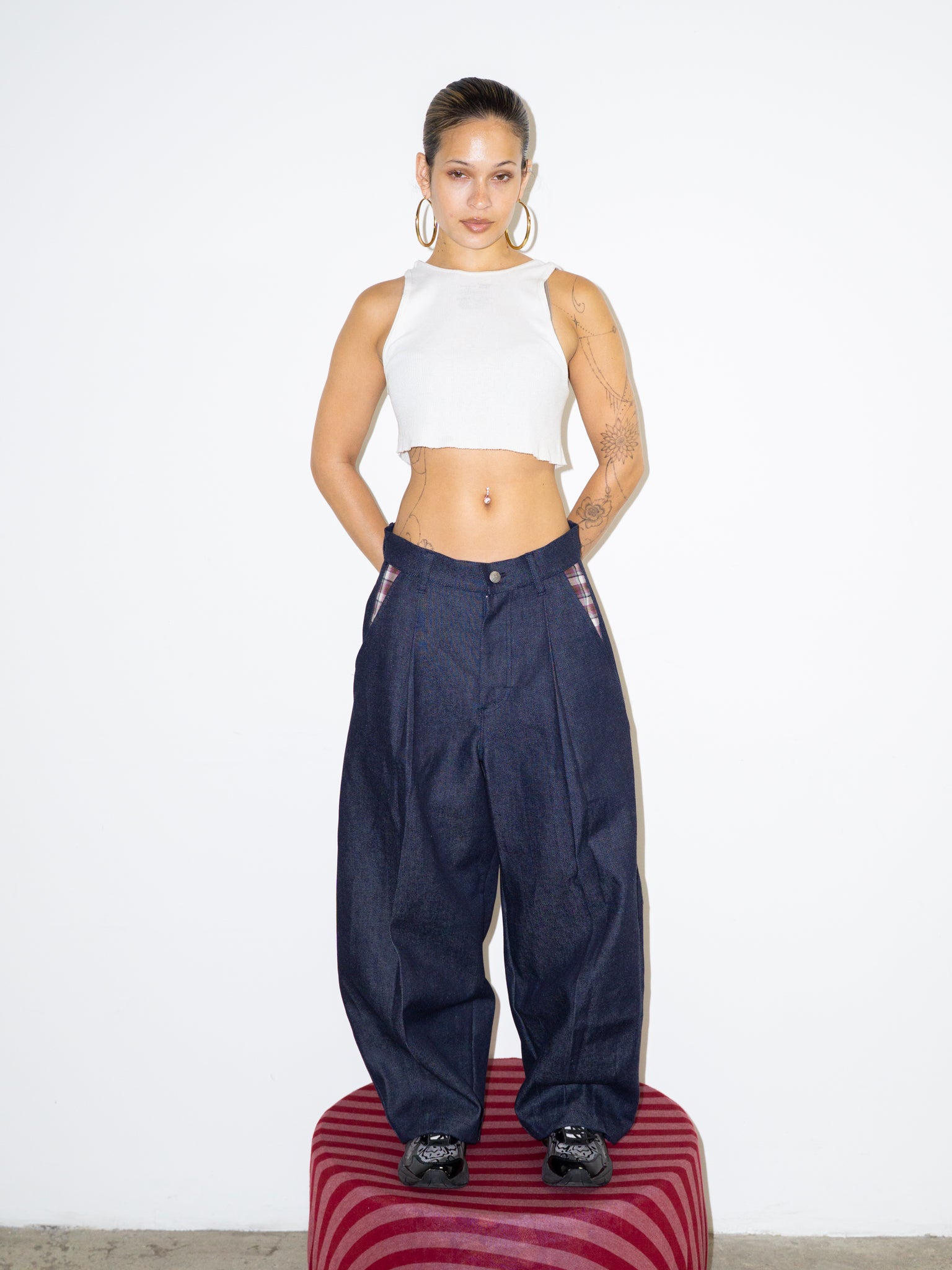 SUPER WIDE PANTS IN DARK DENIM / PURPLE PLAID