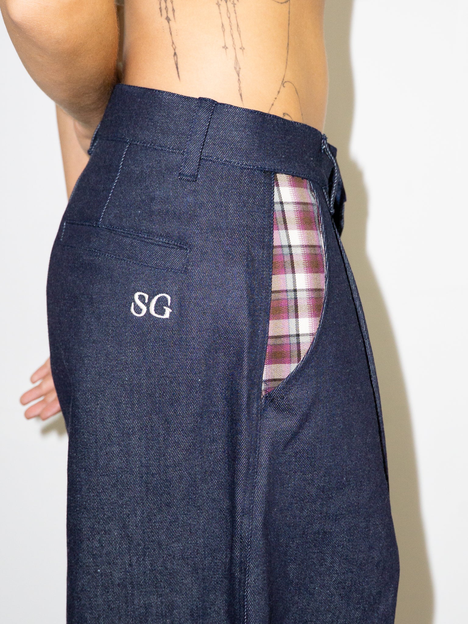 SUPER WIDE PANTS IN DARK DENIM / PURPLE PLAID