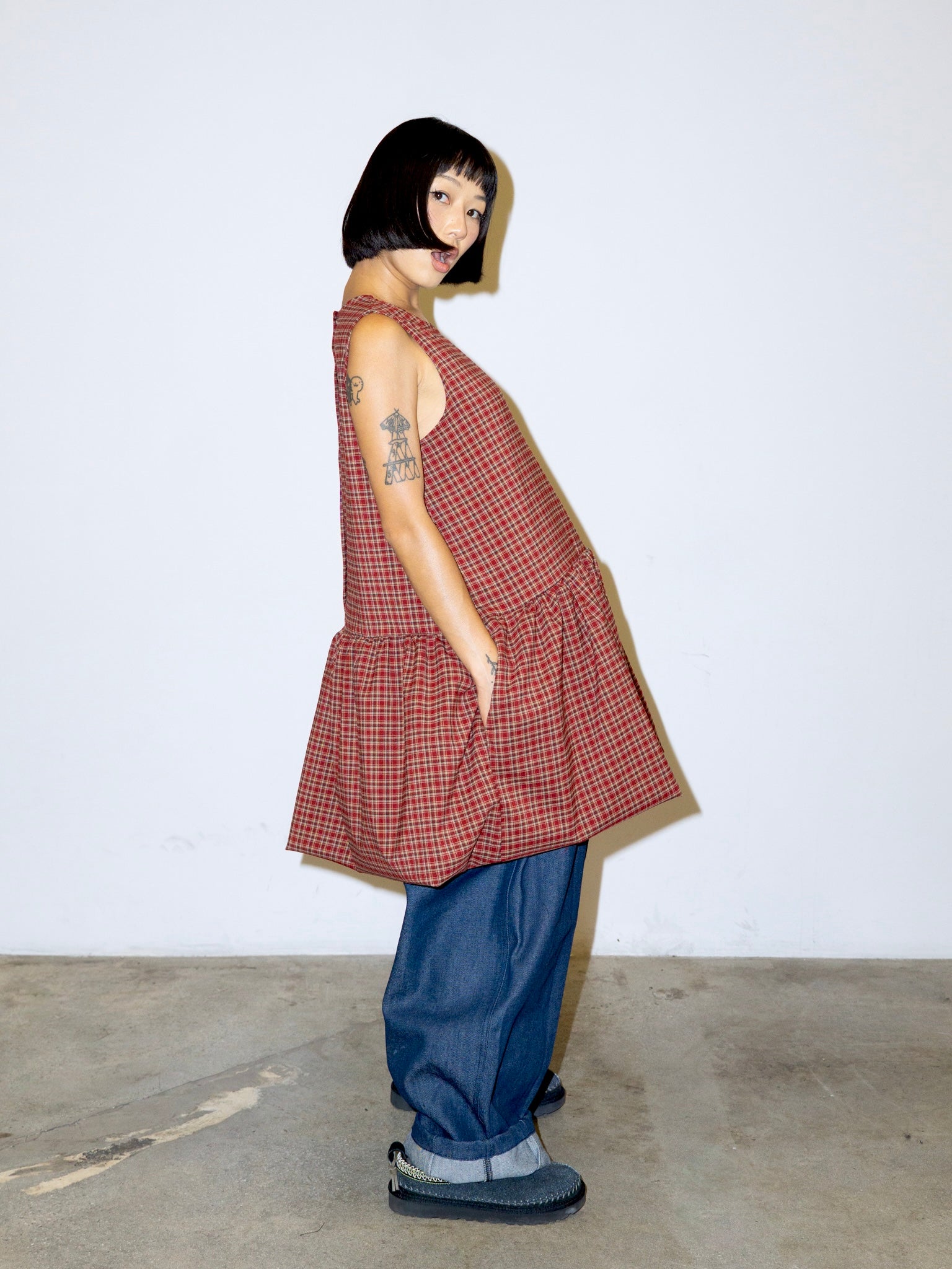 SACK DRESS IN RED PLAID
