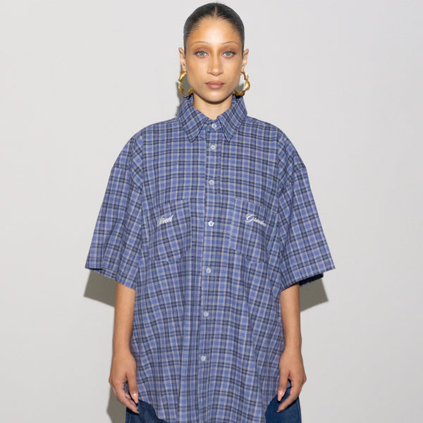 LINEN WORK SHIRT - BLUE PLAID– STREET GRANDMA