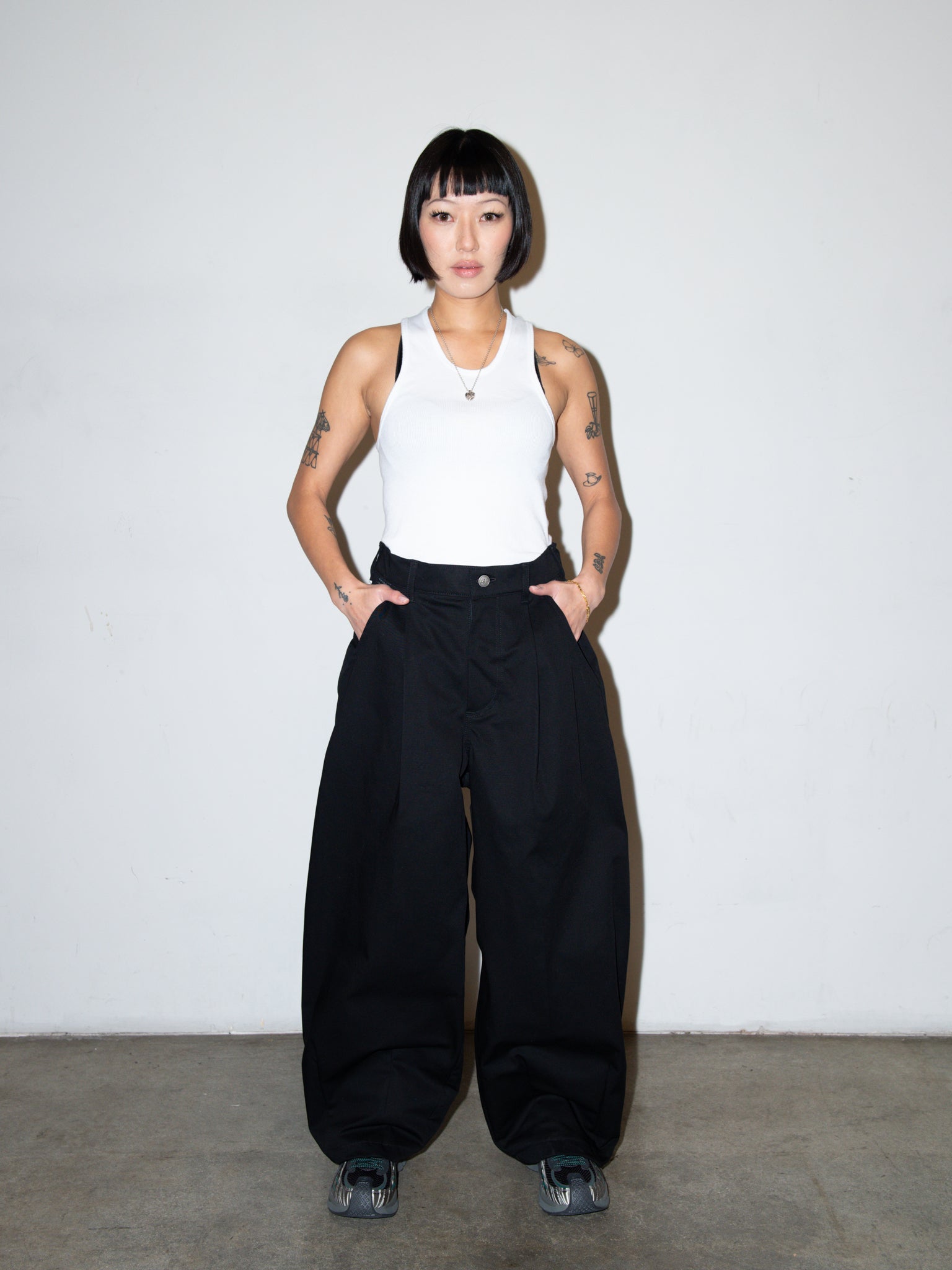 SUPER WIDE PANTS IN BLACK TWILL / GINGHAM