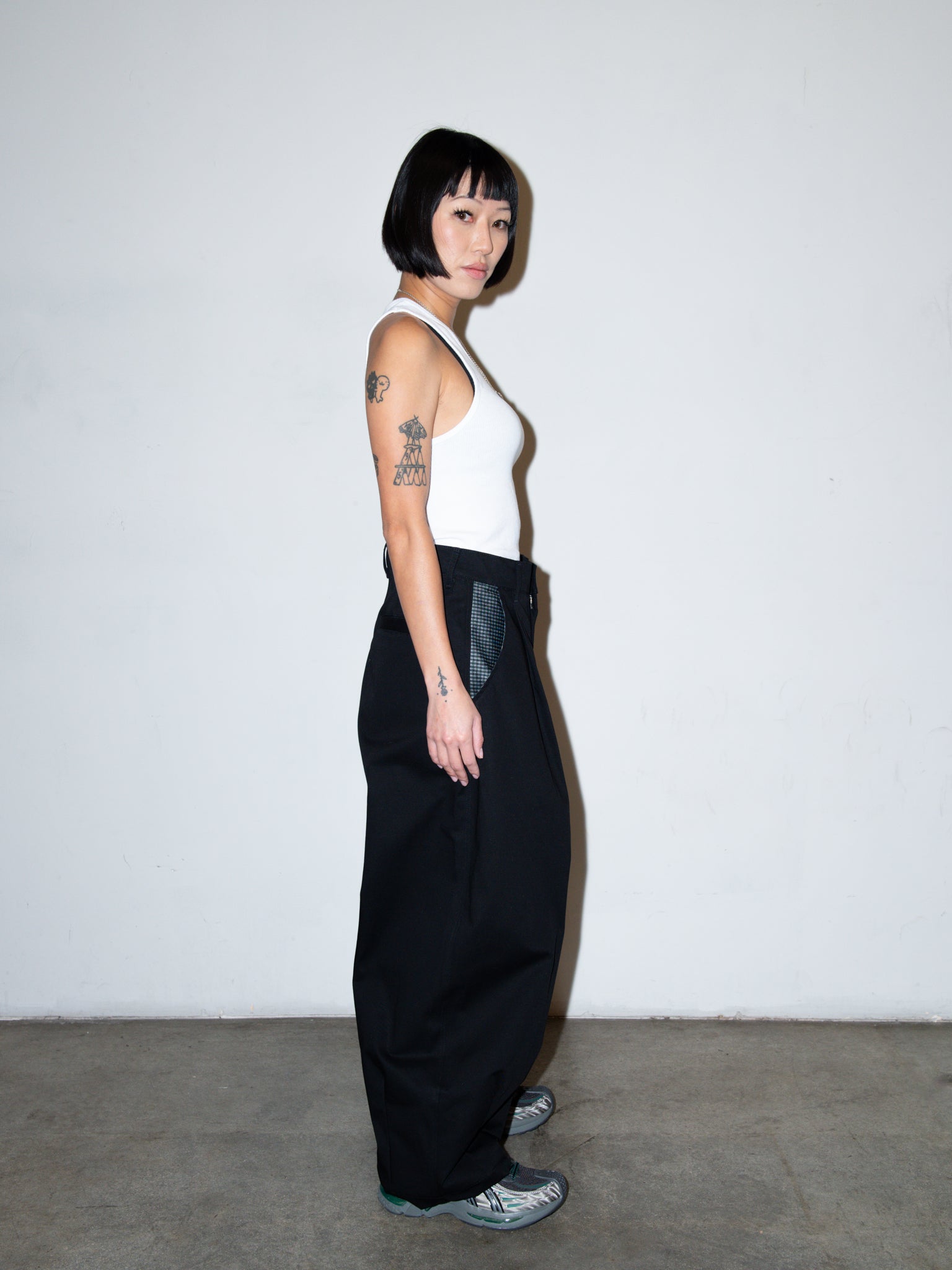 SUPER WIDE PANTS IN BLACK TWILL / GINGHAM