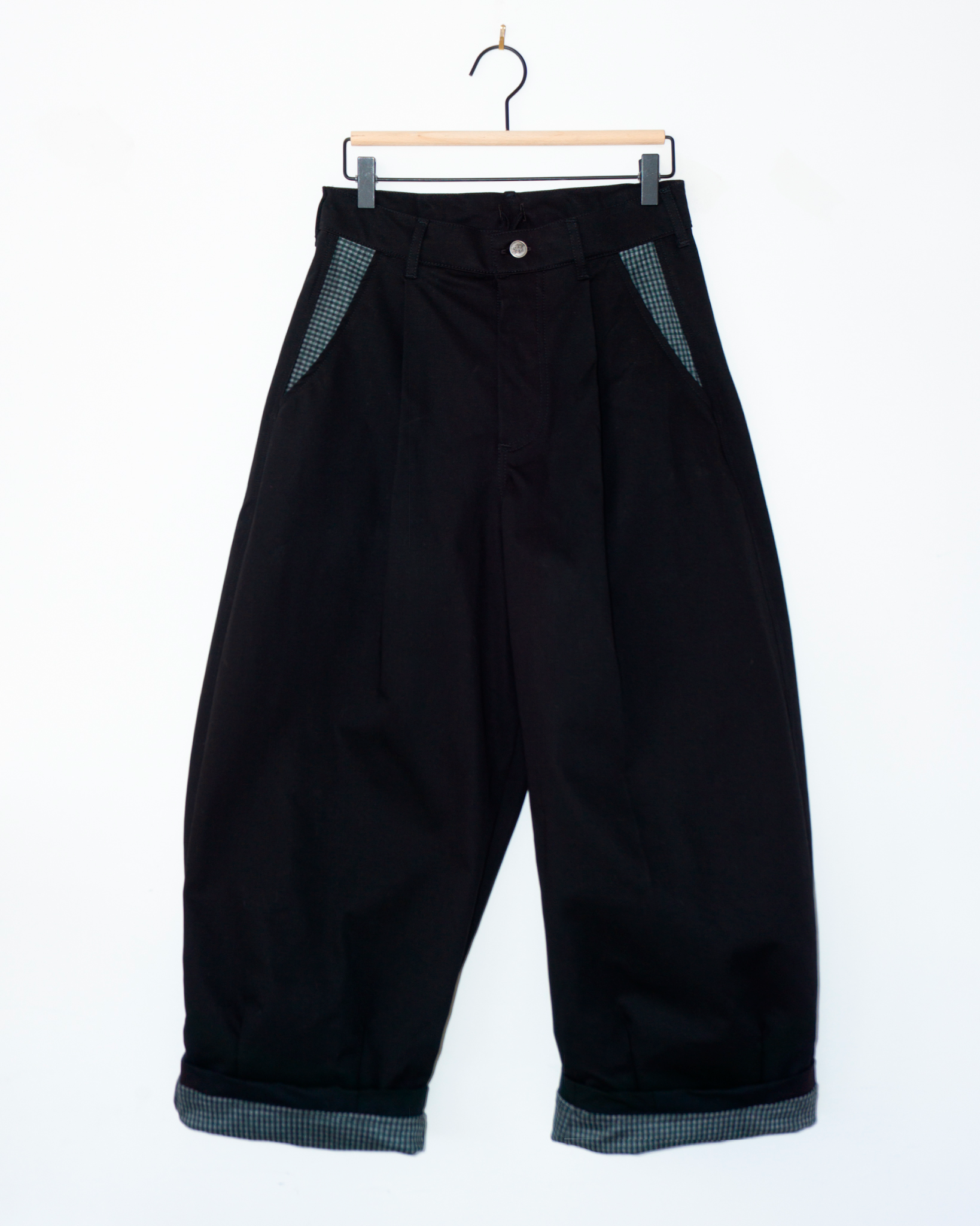 SUPER WIDE PANTS IN BLACK TWILL / GINGHAM