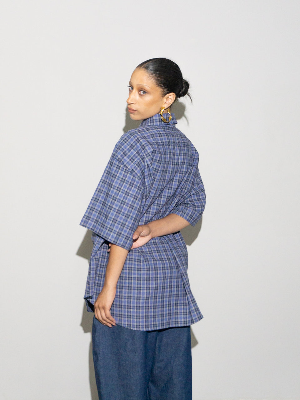 LINEN WORK SHIRT - BLUE PLAID– STREET GRANDMA