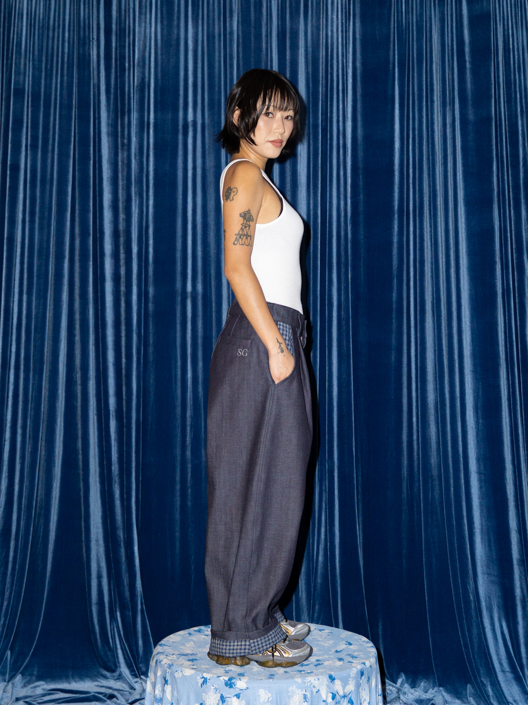 SUPER WIDE PANTS IN DARK DENIM / BLUE GINGHAM