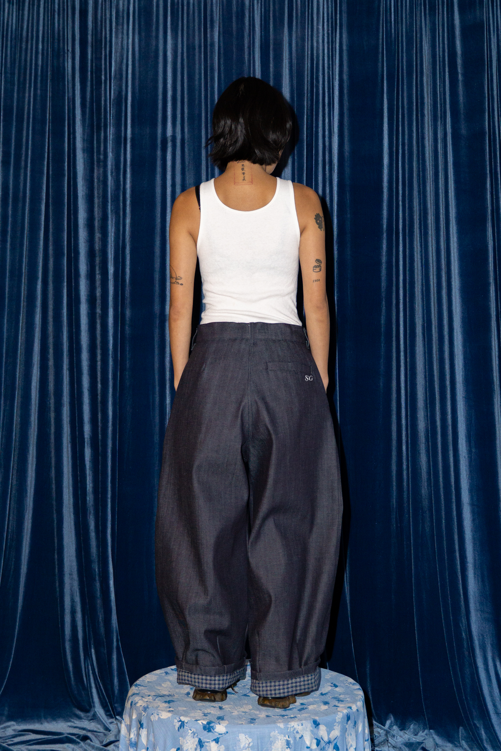 SUPER WIDE PANTS IN DARK DENIM / BLUE GINGHAM